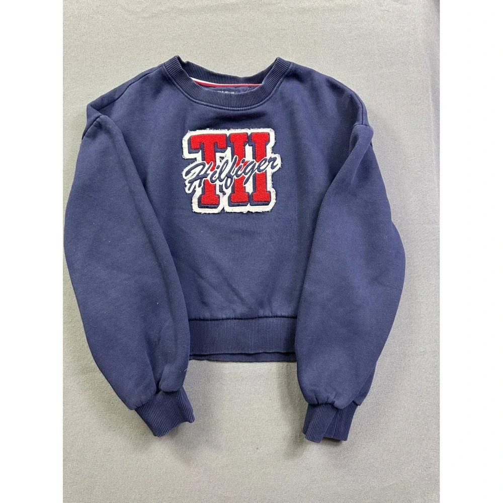 VT Tommy Hilfiger Kids Navy Blue Varsity TH Patch Crewneck Sweatshirt Pullover L